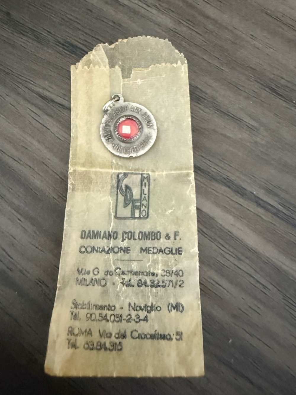 Vintage Catholic Medal with Red Enamel Center by Damiano Colombo & Figli